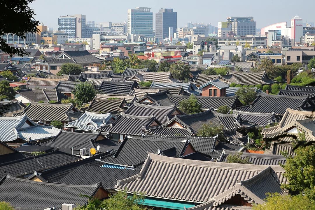 Tiled rooftops of Jeonju Hanok Village seen from above, with the modern city behind